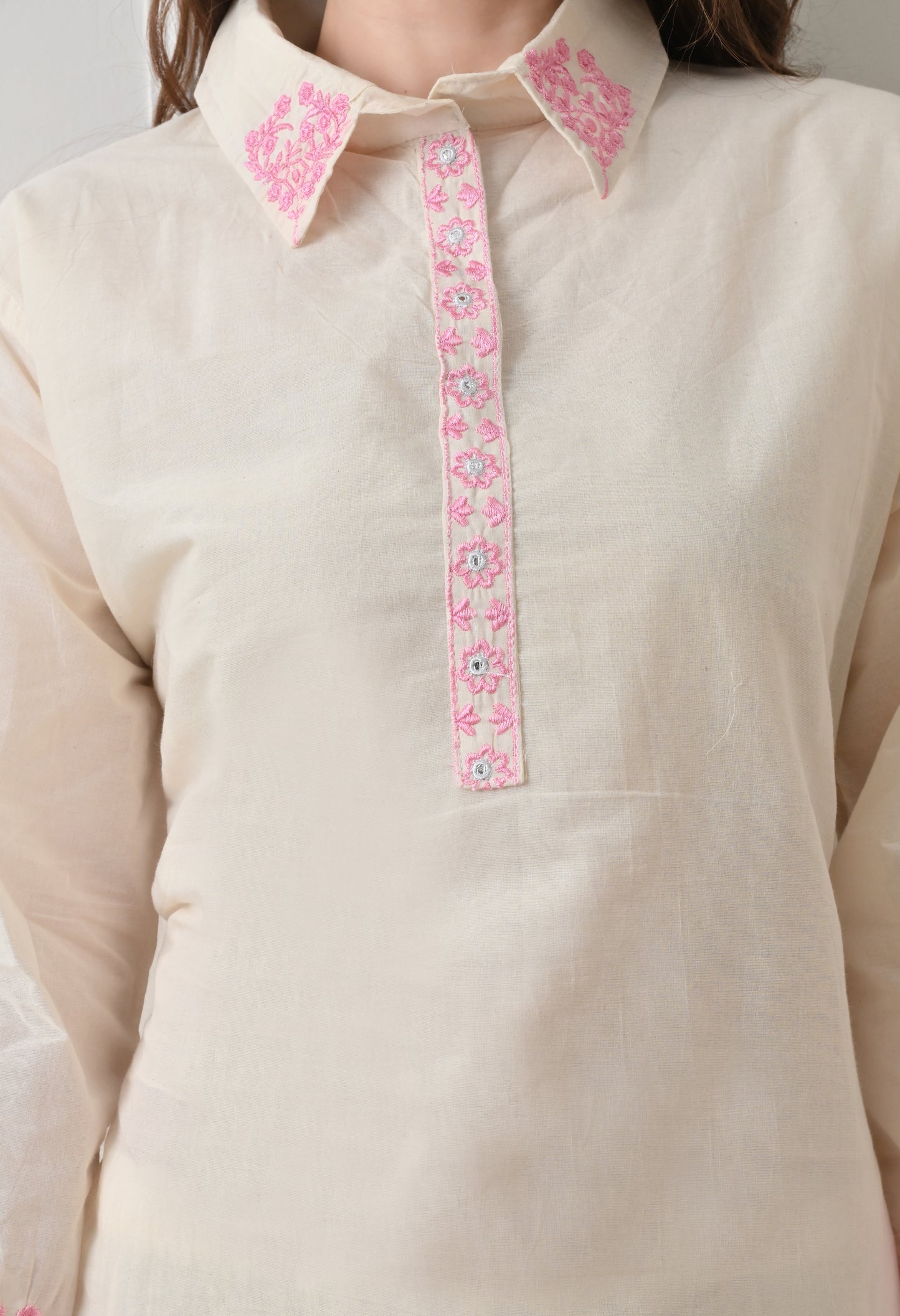 Light Pink Embroidered Thread Work Collar Shirt Kurta with Trouser