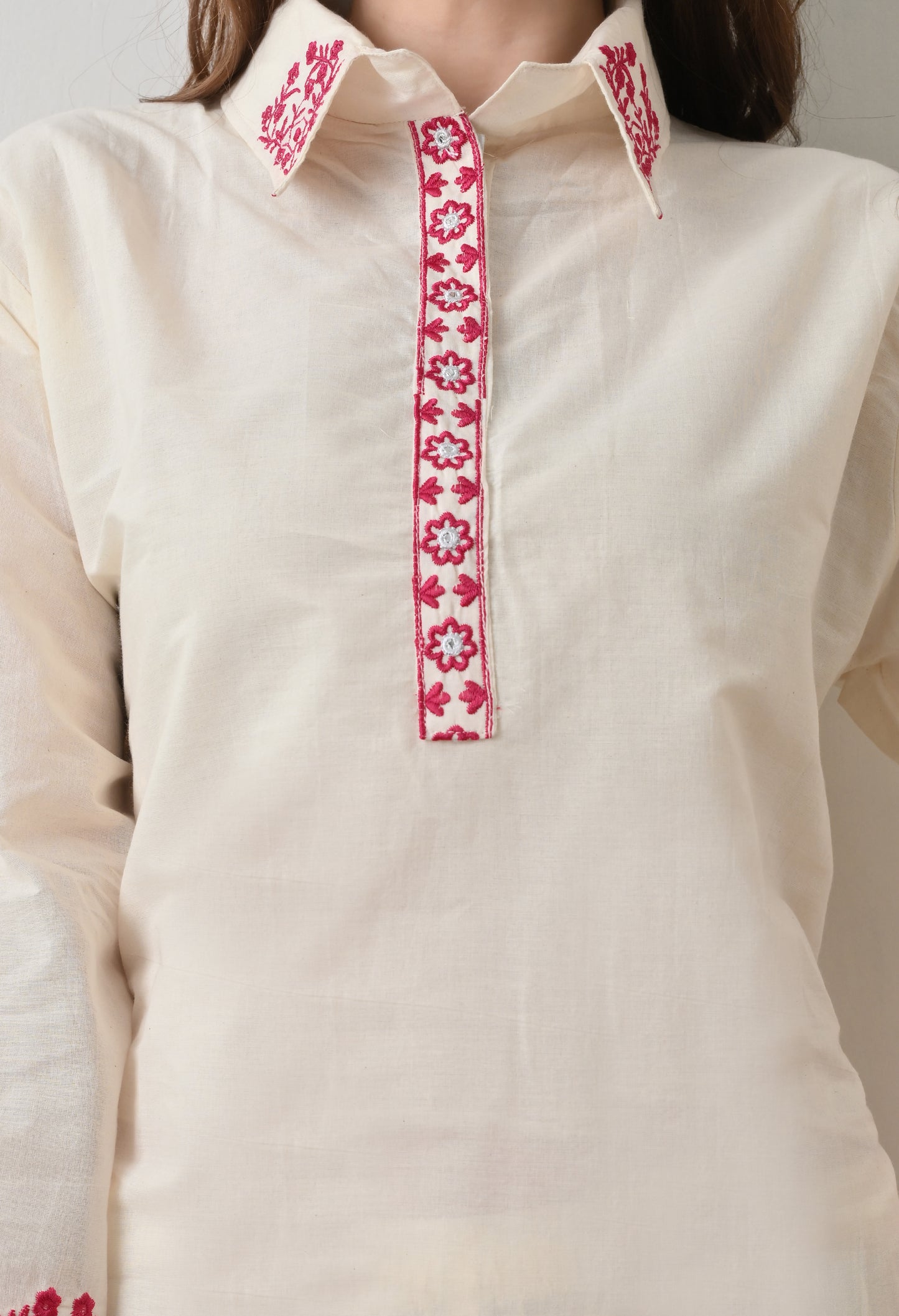 Pink Embroidered Thread Work Collar Shirt Kurta with Trouser