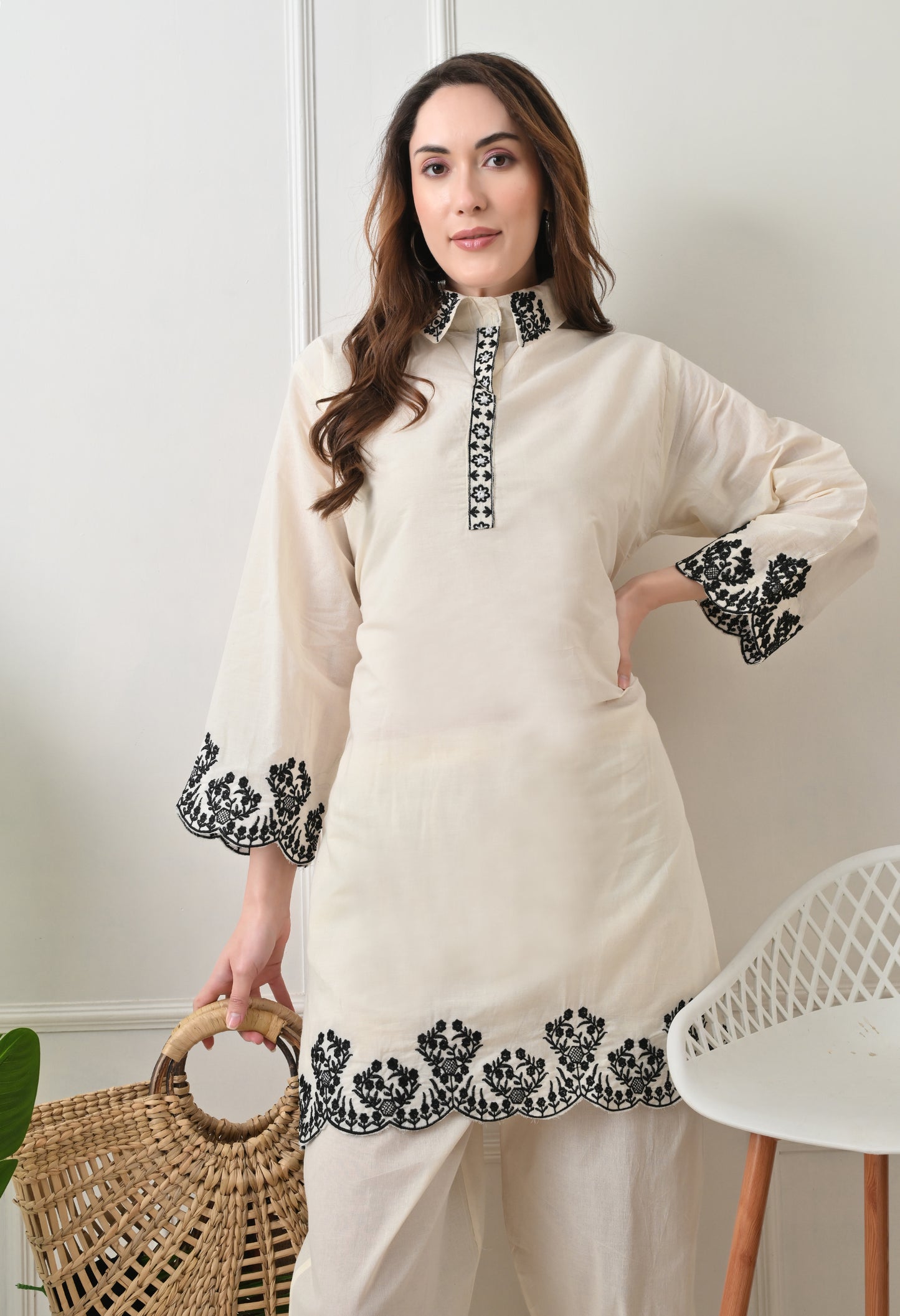 Black Embroidered Thread Work Collar Shirt Kurta with Trouser