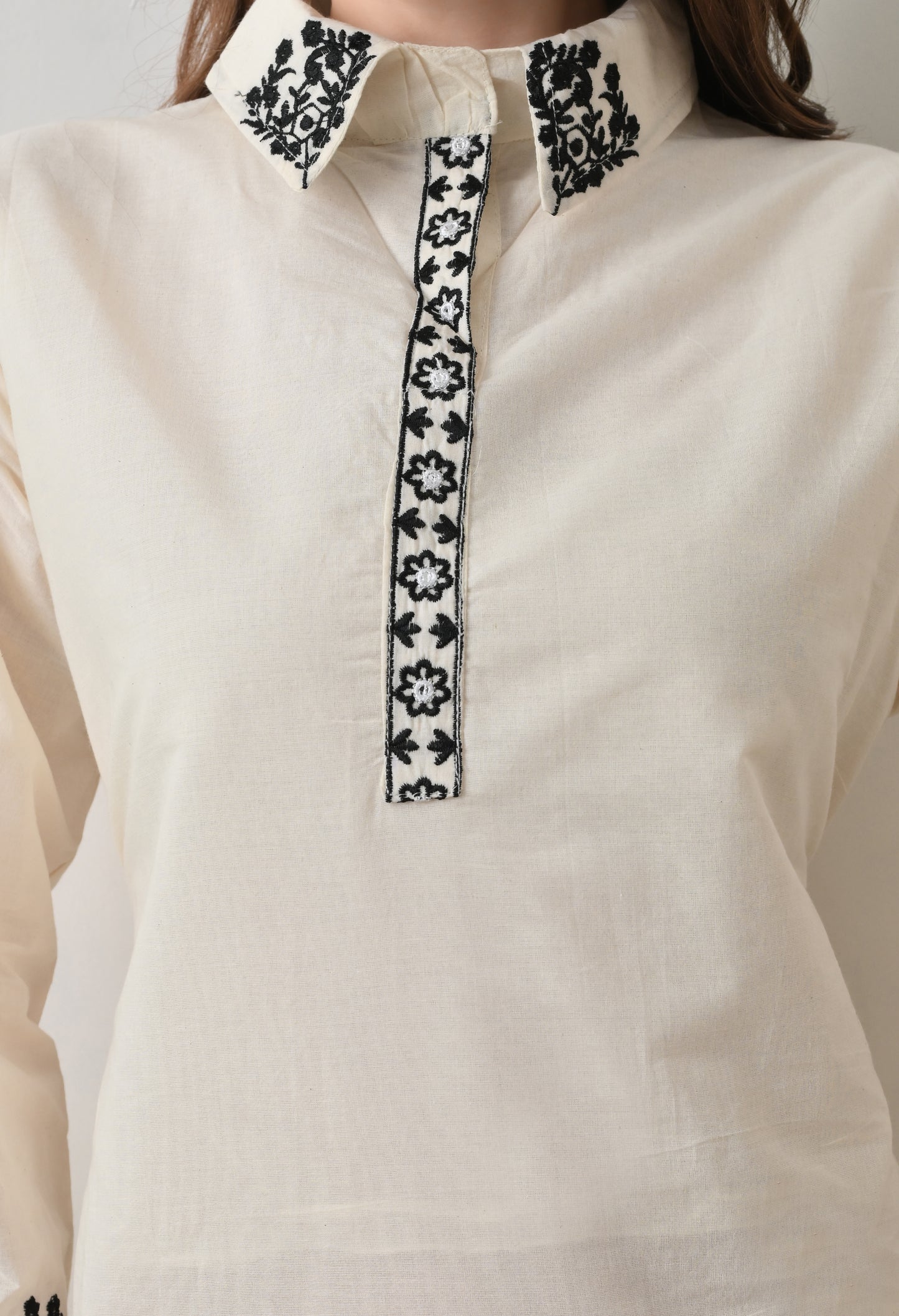 Black Embroidered Thread Work Collar Shirt Kurta with Trouser