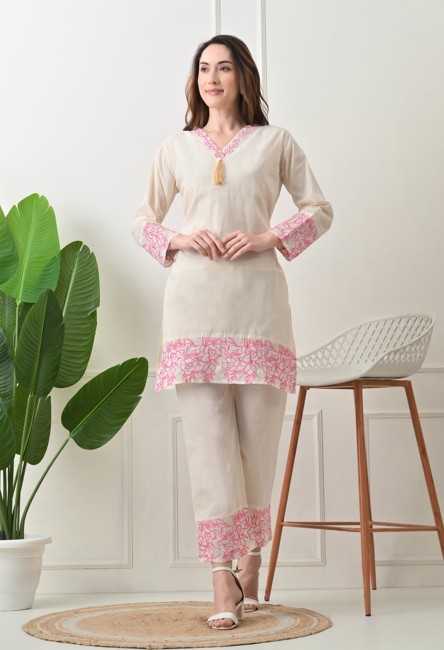 Light Embroidered Thread Work V Neck Kurta with Trouser
