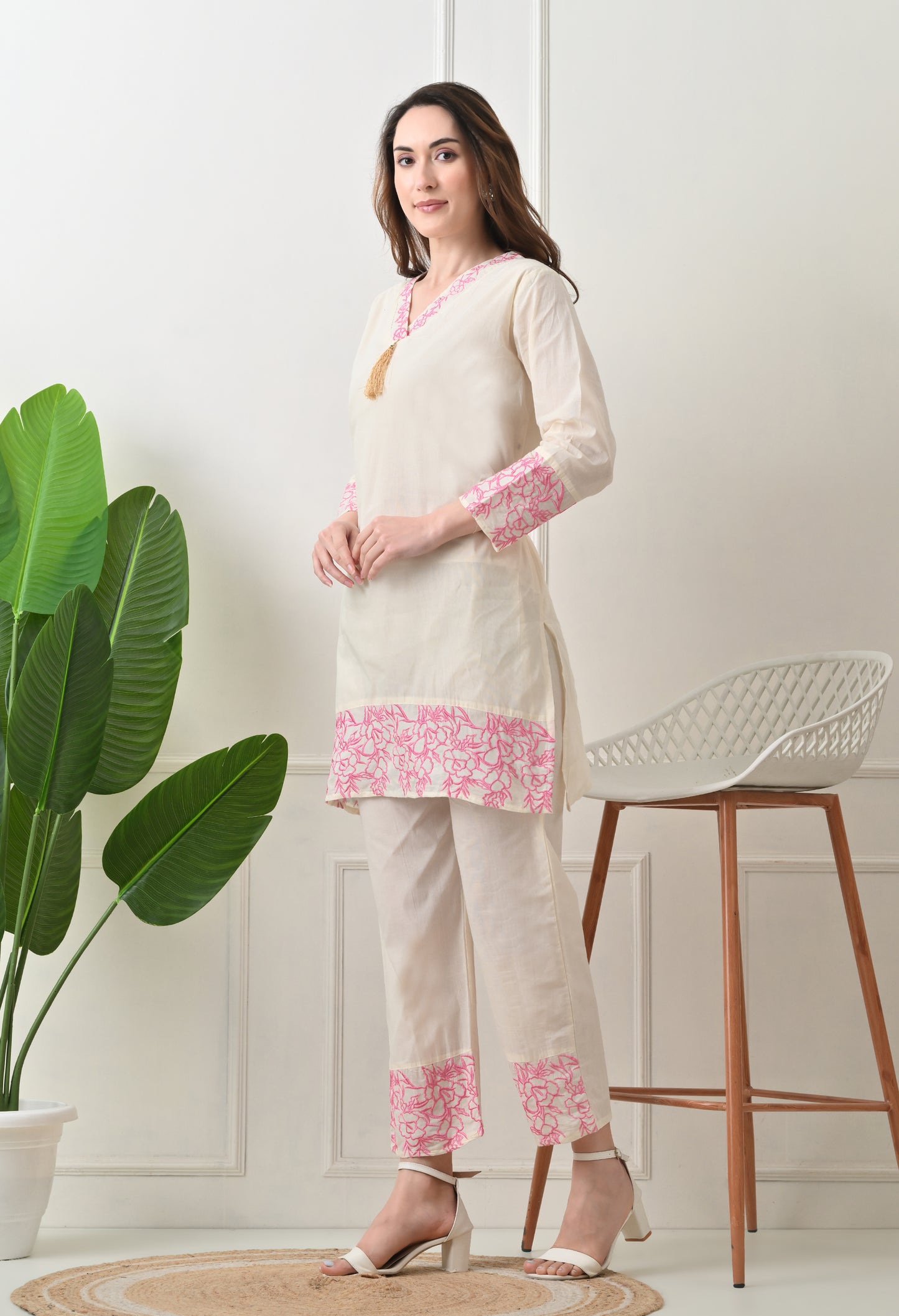 Light Embroidered Thread Work V Neck Kurta with Trouser
