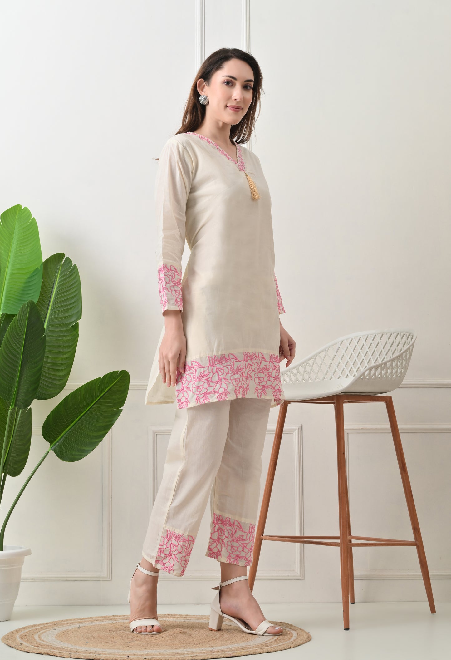Light Embroidered Thread Work V Neck Kurta with Trouser