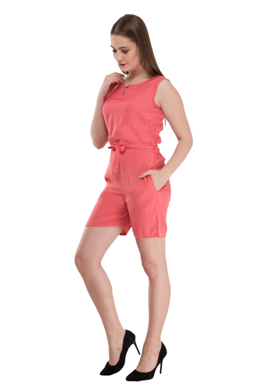 Knee Length Rayon Sleeveless Short Jumpsuit Pink