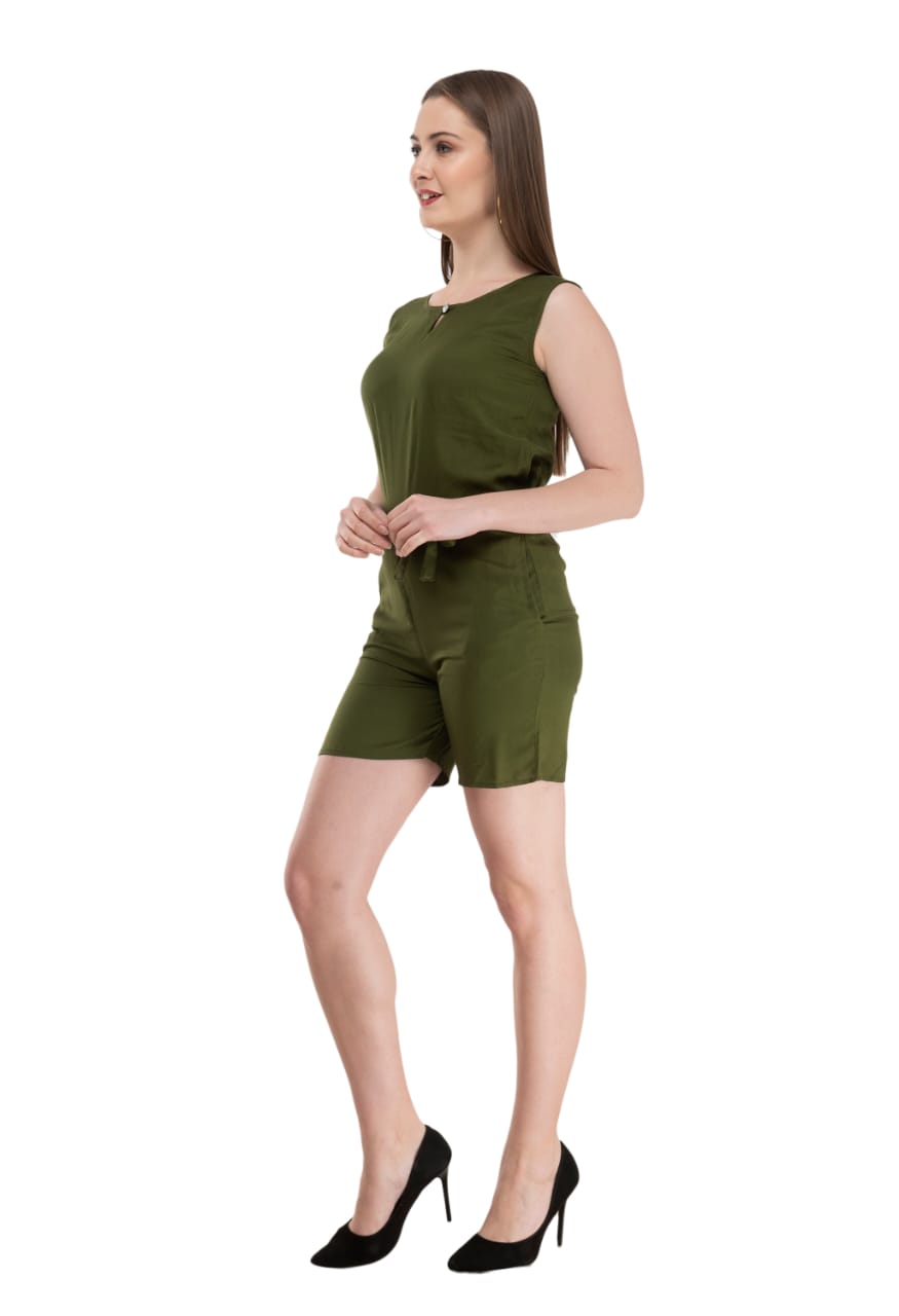 Knee Length Rayon Sleeveless Short Jumpsuit Green