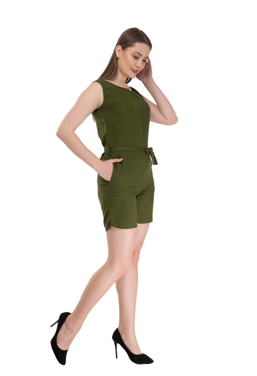 Knee Length Rayon Sleeveless Short Jumpsuit Green