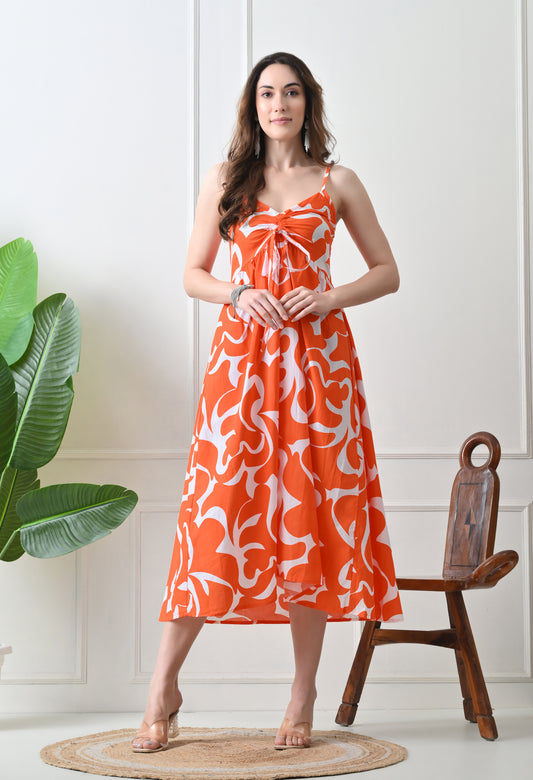 Orange Printed Cotton Fit and Flare Strap Dress