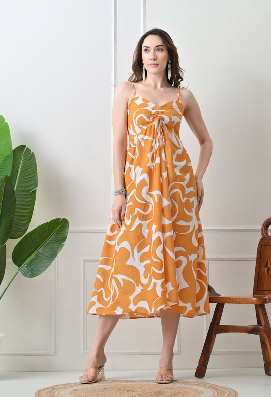Mustard Printed Cotton Fit and Flare Strap Dress