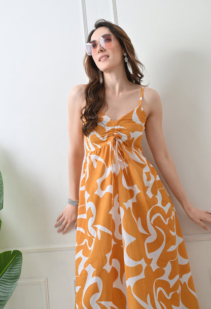 Mustard Printed Cotton Fit and Flare Strap Dress