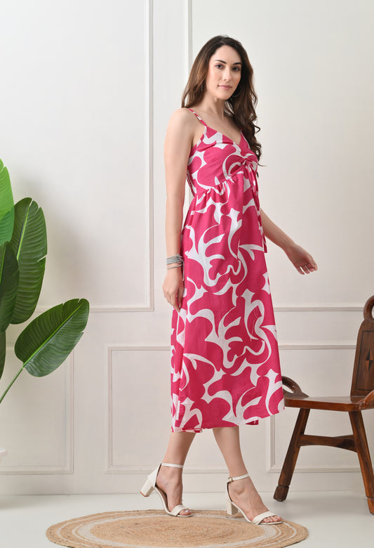 Pink Printed Cotton Fit and Flare Strap Dress