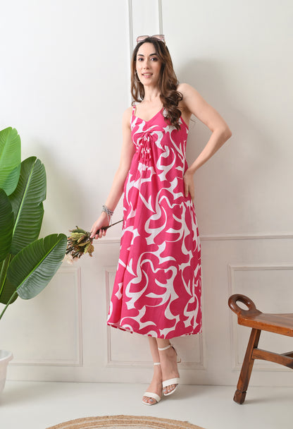 Pink Printed Cotton Fit and Flare Strap Dress