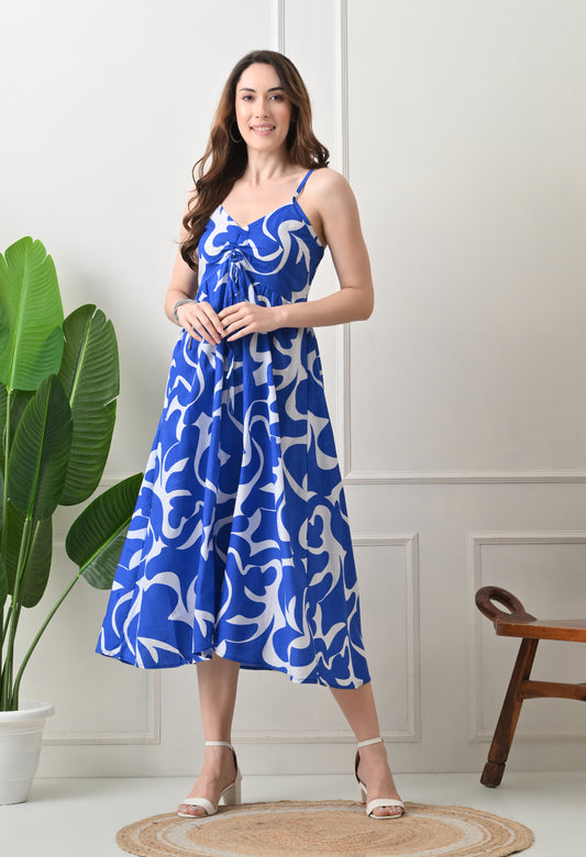 Blue Printed Cotton Fit and Flare Strap Dress