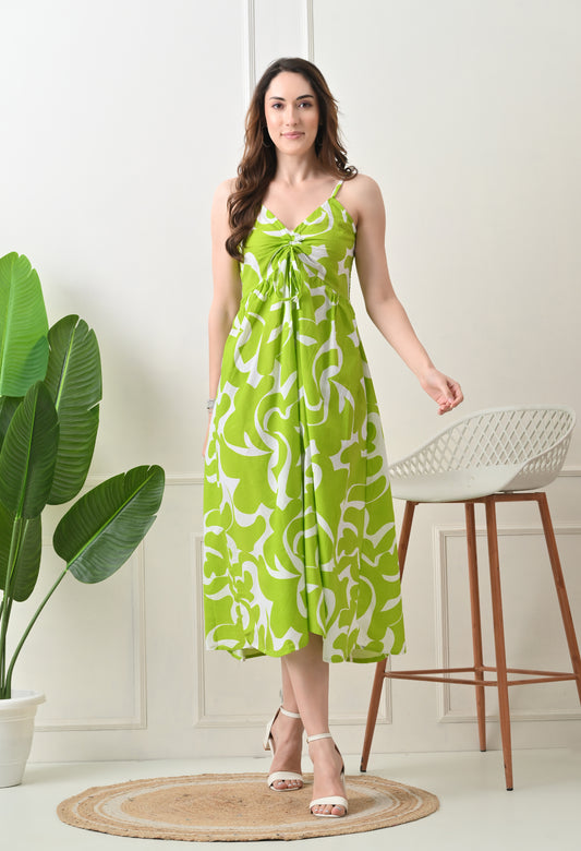 Green Printed Cotton Fit and Flare Strap Dress