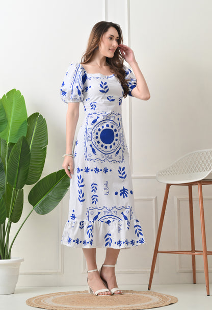 Blue Flower Printed Cotton Dress