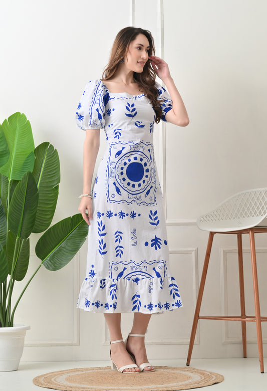Blue Flower Printed Cotton Dress