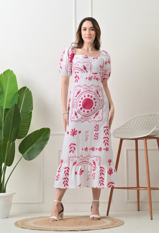 Pink Flower Printed Cotton Dress