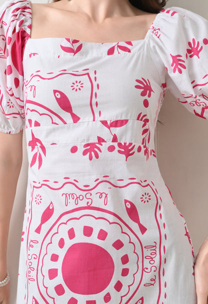 Pink Flower Printed Cotton Dress