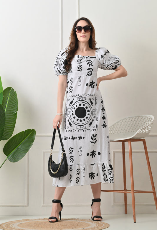 Black Flower Printed Cotton Dress