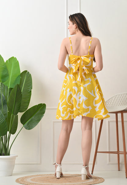 Yellow Printed Cotton knew Length  Strap Dress