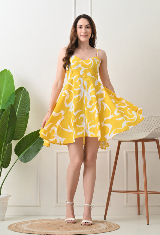 Yellow Printed Cotton knew Length  Strap Dress