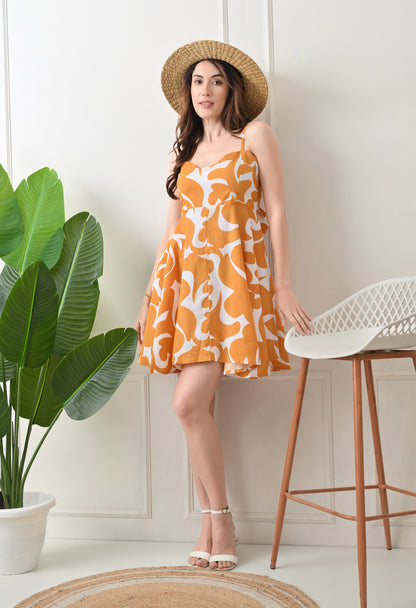 Mustard Printed Cotton knew Length  Strap Dress
