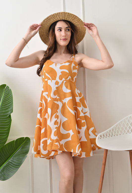 Mustard Printed Cotton knew Length  Strap Dress