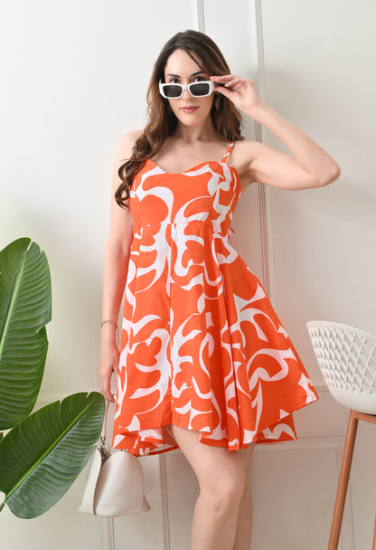 Orange Printed Cotton knew Length  Strap Dress