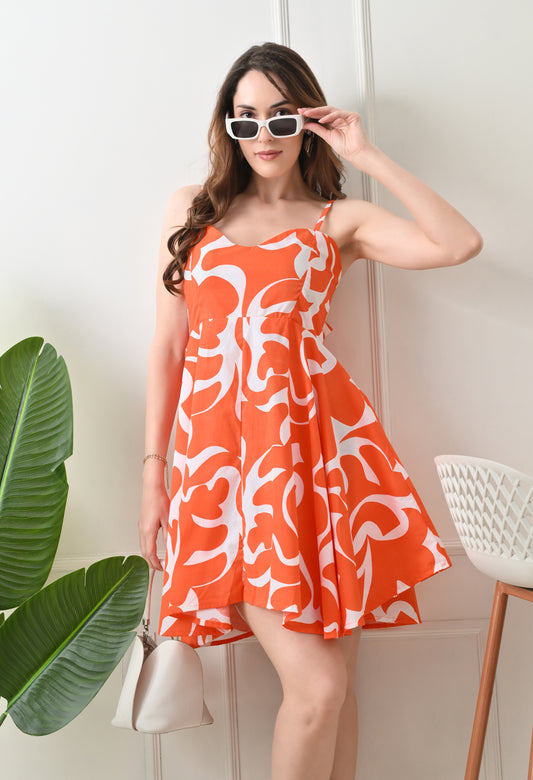 Orange Printed Cotton knew Length  Strap Dress