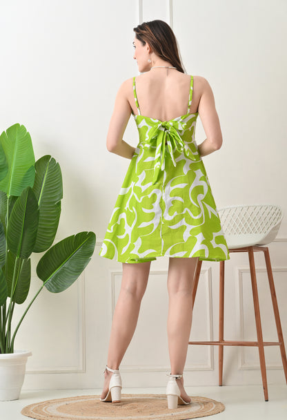 Green Printed Cotton knew Length  Strap Dress