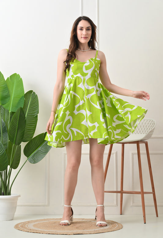 Green Printed Cotton knew Length  Strap Dress
