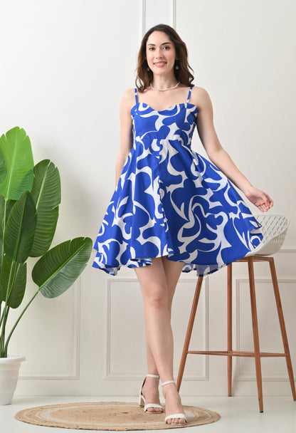 Blue Printed Cotton knew Length  Strap Dress