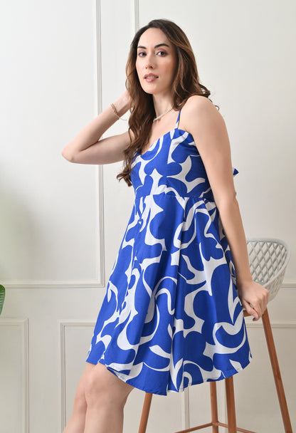 Blue Printed Cotton knew Length  Strap Dress