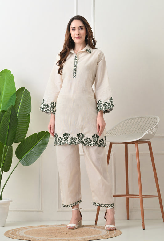 Beige Embroidered Thread Work Collar Shirt Kurta with Trouser