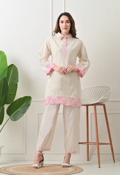 Light Pink Embroidered Thread Work Collar Shirt Kurta with Trouser