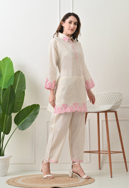 Light Pink Embroidered Thread Work Collar Shirt Kurta with Trouser
