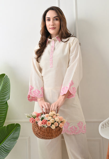 Light Pink Embroidered Thread Work Collar Shirt Kurta with Trouser