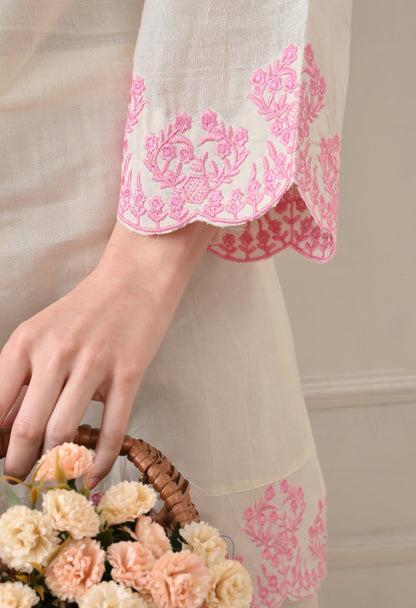 Light Pink Embroidered Thread Work Collar Shirt Kurta with Trouser