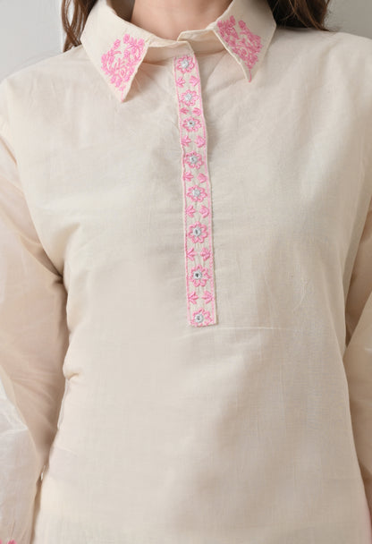 Light Pink Embroidered Thread Work Collar Shirt Kurta with Trouser