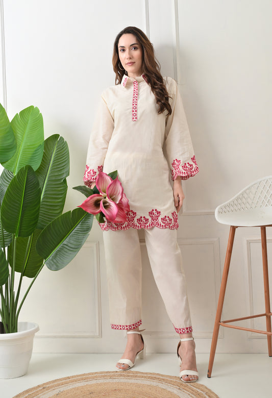 Pink Embroidered Thread Work Collar Shirt Kurta with Trouser