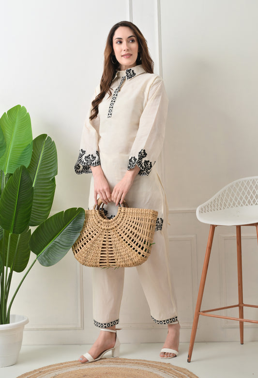 Black Embroidered Thread Work Collar Shirt Kurta with Trouser