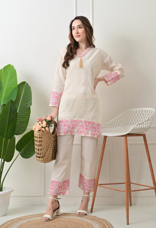 Light Embroidered Thread Work V Neck Kurta with Trouser