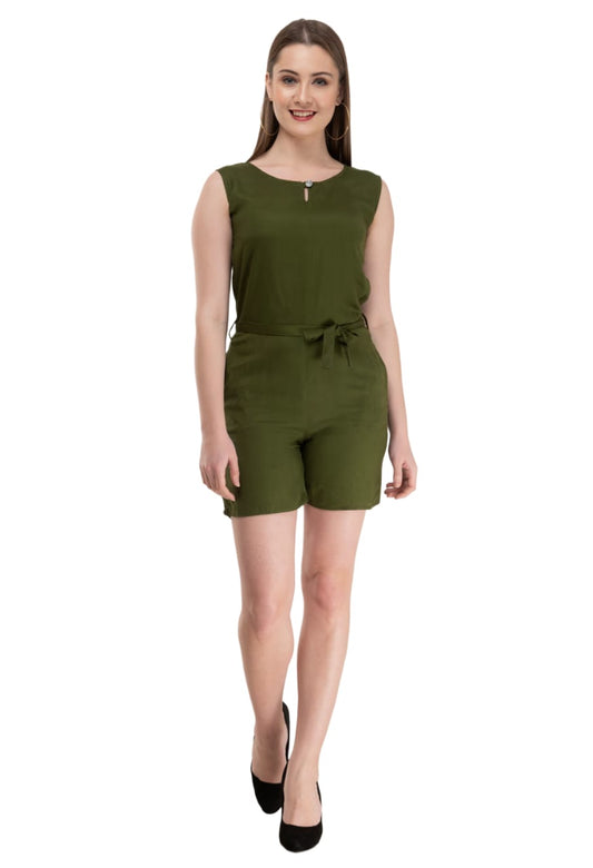 Knee Length Rayon Sleeveless Short Jumpsuit Green